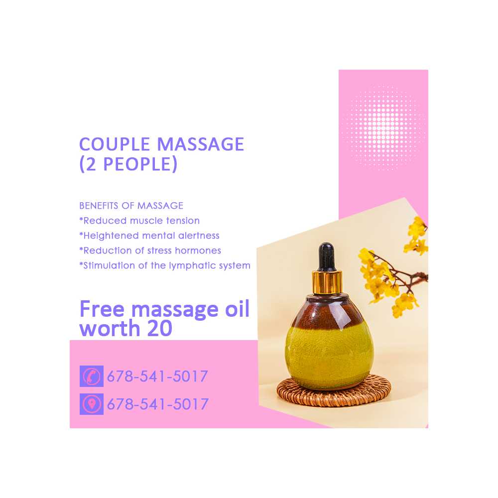 Couple Massage (two people) – Free massage oil worth $20